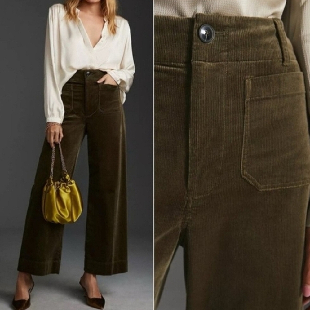Anthropologie Maeve Colette Cropped Wide-Leg Corduroy Pants Moss Size 34